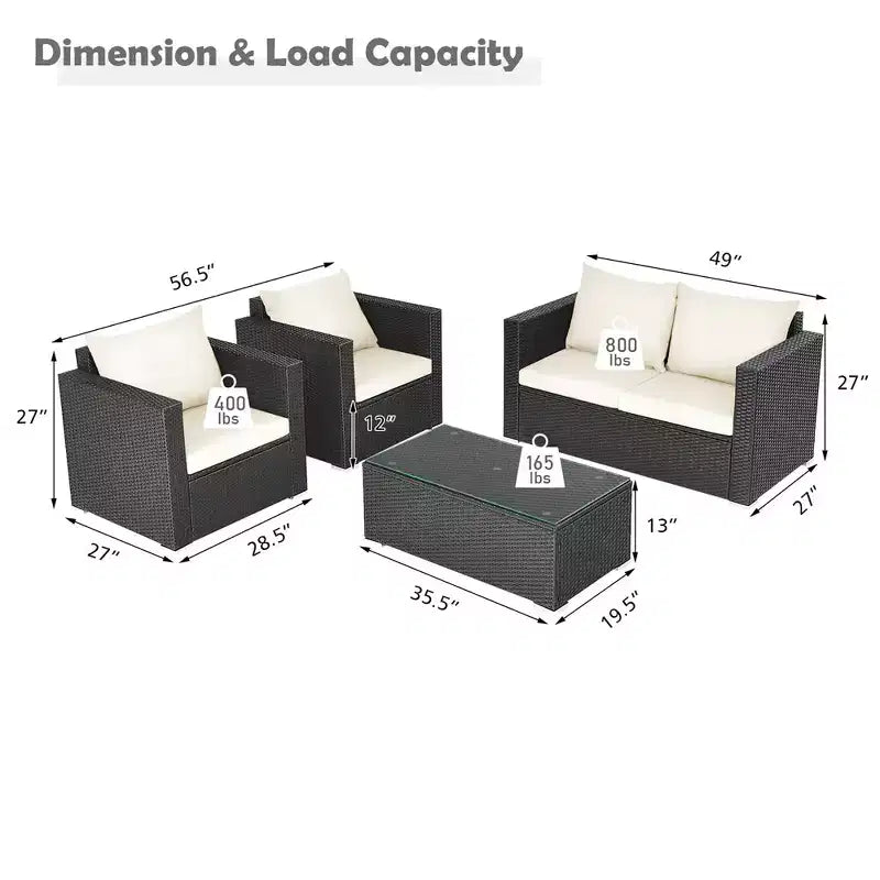 Costway Ensemble de Meubles de Jardin en Rotin 4 pièces, Canapé Rembourré, Chaise, Table Basse, Blanc Cassé
