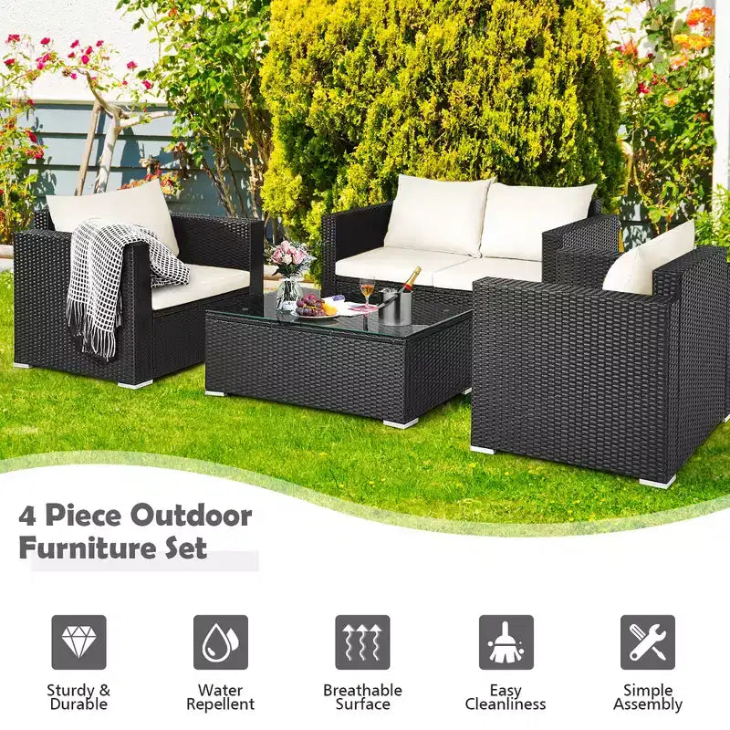 Costway Ensemble de Meubles de Jardin en Rotin 4 pièces, Canapé Rembourré, Chaise, Table Basse, Blanc Cassé