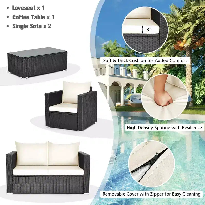 Costway Ensemble de Meubles de Jardin en Rotin 4 pièces, Canapé Rembourré, Chaise, Table Basse, Blanc Cassé