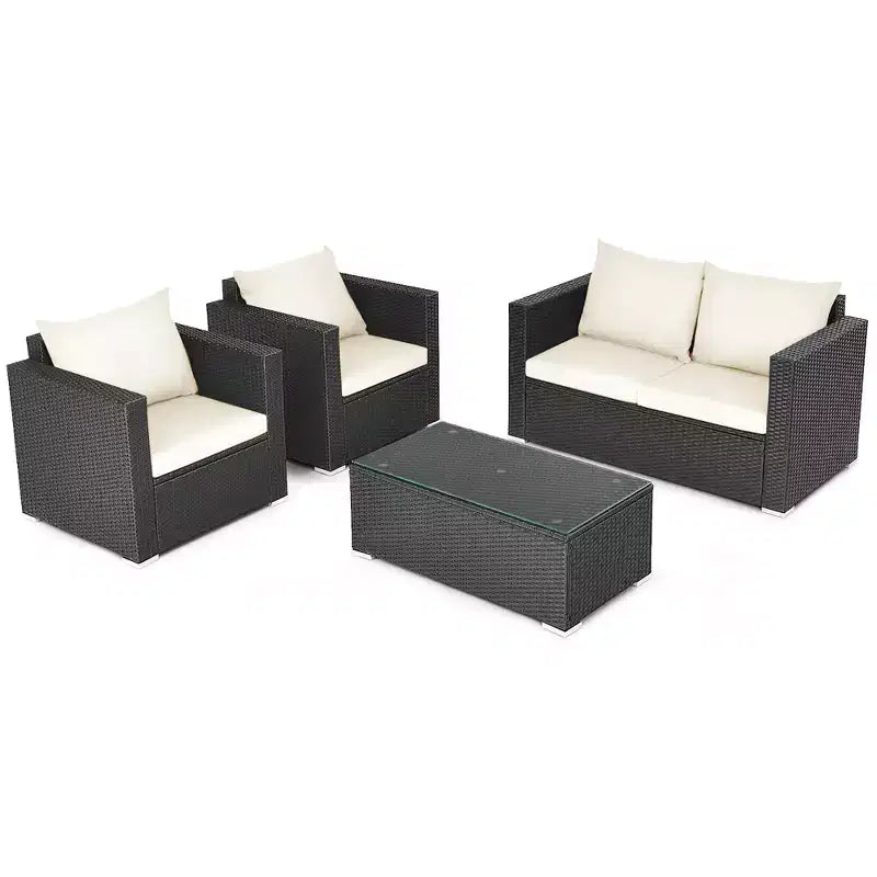 Costway Ensemble de Meubles de Jardin en Rotin 4 pièces, Canapé Rembourré, Chaise, Table Basse, Blanc Cassé