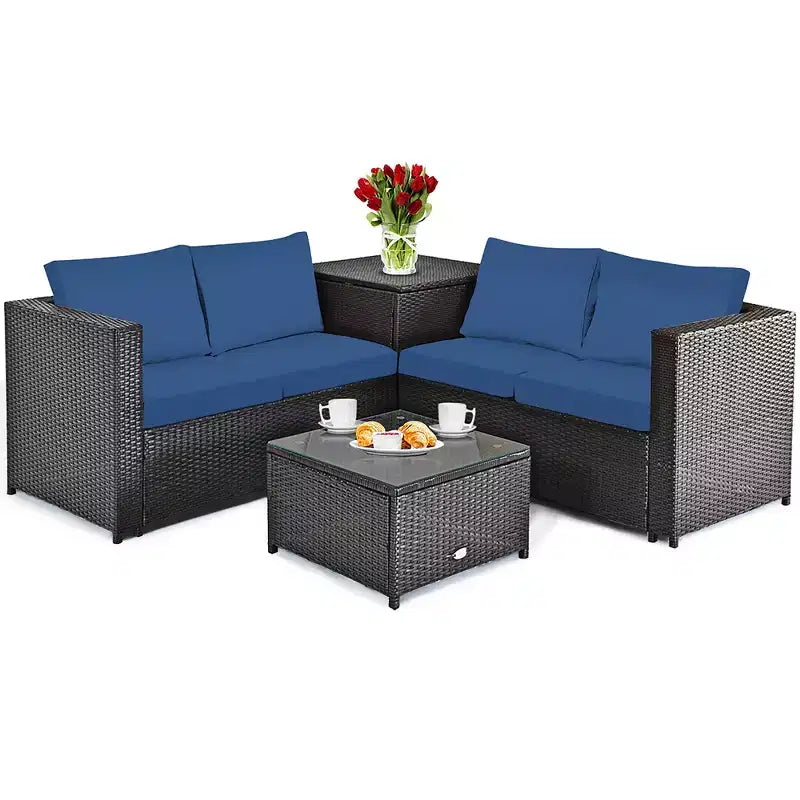 Costway Ensemble de Meubles de Patio 4 Pièces en Rotin Rembourrés Canapé Causeuse Table de Rangement Bleu Marine