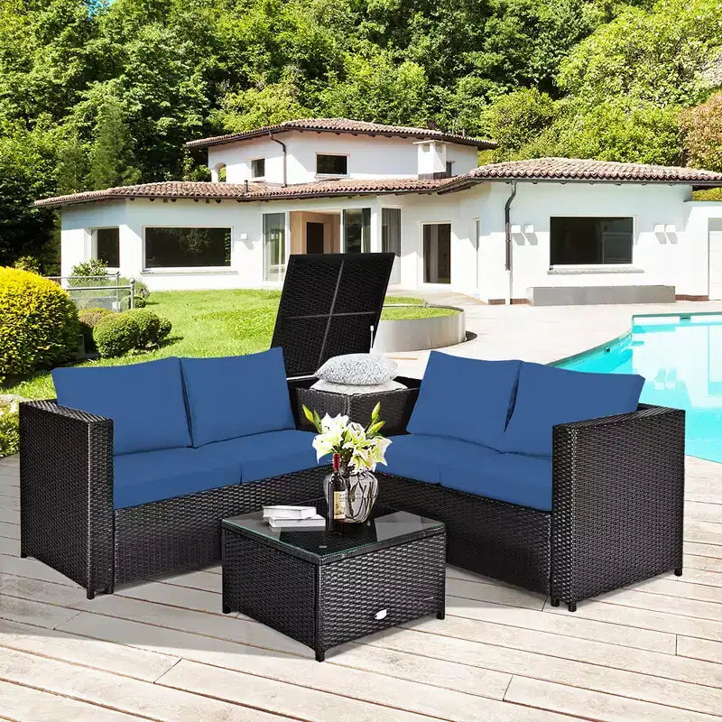 Costway Ensemble de Meubles de Patio 4 Pièces en Rotin Rembourrés Canapé Causeuse Table de Rangement Bleu Marine