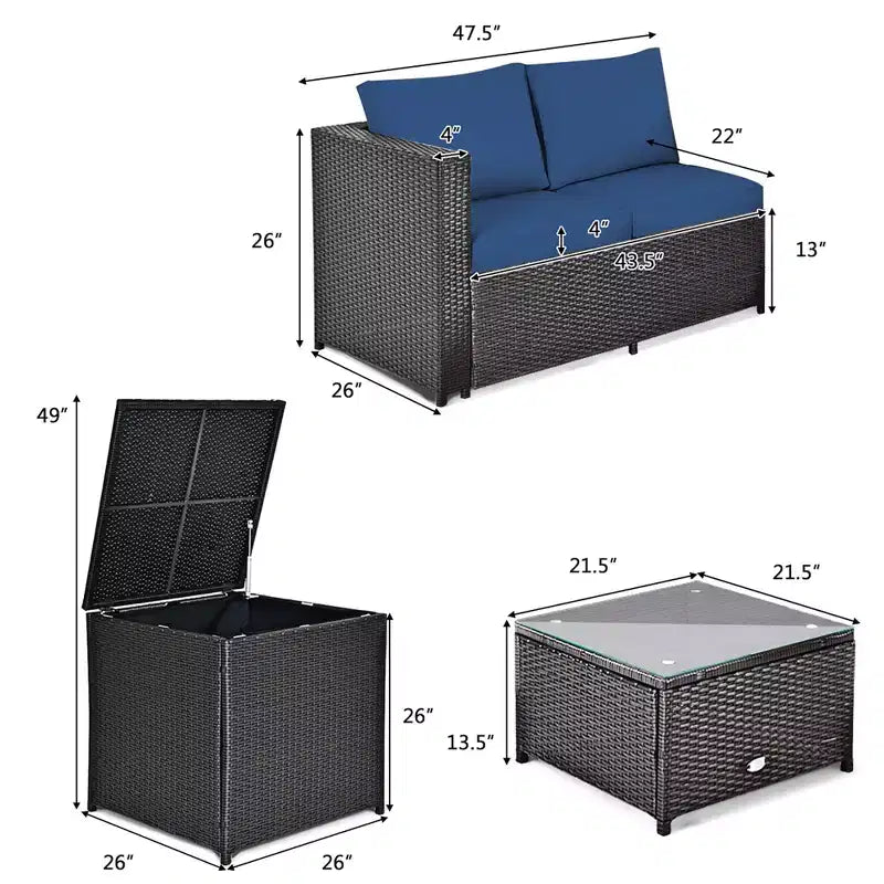 Costway Ensemble de Meubles de Patio 4 Pièces en Rotin Rembourrés Canapé Causeuse Table de Rangement Bleu Marine