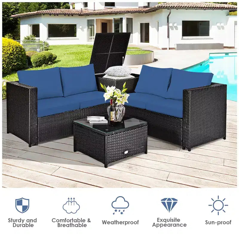 Costway Ensemble de Meubles de Patio 4 Pièces en Rotin Rembourrés Canapé Causeuse Table de Rangement Bleu Marine