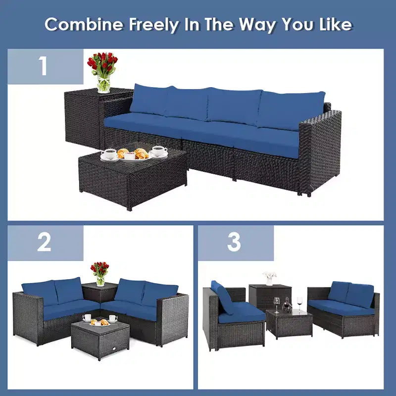 Costway Ensemble de Meubles de Patio 4 Pièces en Rotin Rembourrés Canapé Causeuse Table de Rangement Bleu Marine