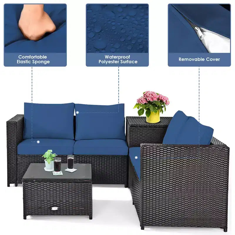 Costway Ensemble de Meubles de Patio 4 Pièces en Rotin Rembourrés Canapé Causeuse Table de Rangement Bleu Marine