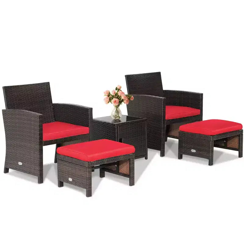 Costway Ensemble de Meubles de Patio 5 pièces en Rotin avec Ottomane Rembourrée Housse de Protection Gain de Place Blanc cassé/Gris/Rouge/Turquoise