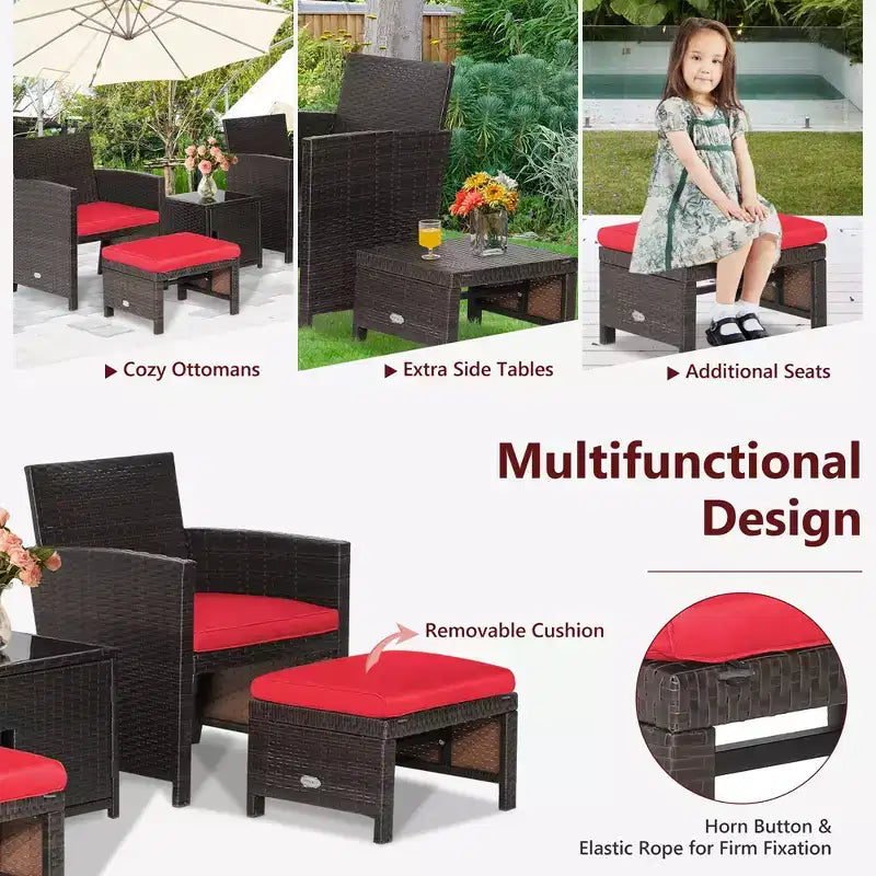 Costway Ensemble de Meubles de Patio 5 pièces en Rotin avec Ottomane Rembourrée Housse de Protection Gain de Place Blanc cassé/Gris/Rouge/Turquoise