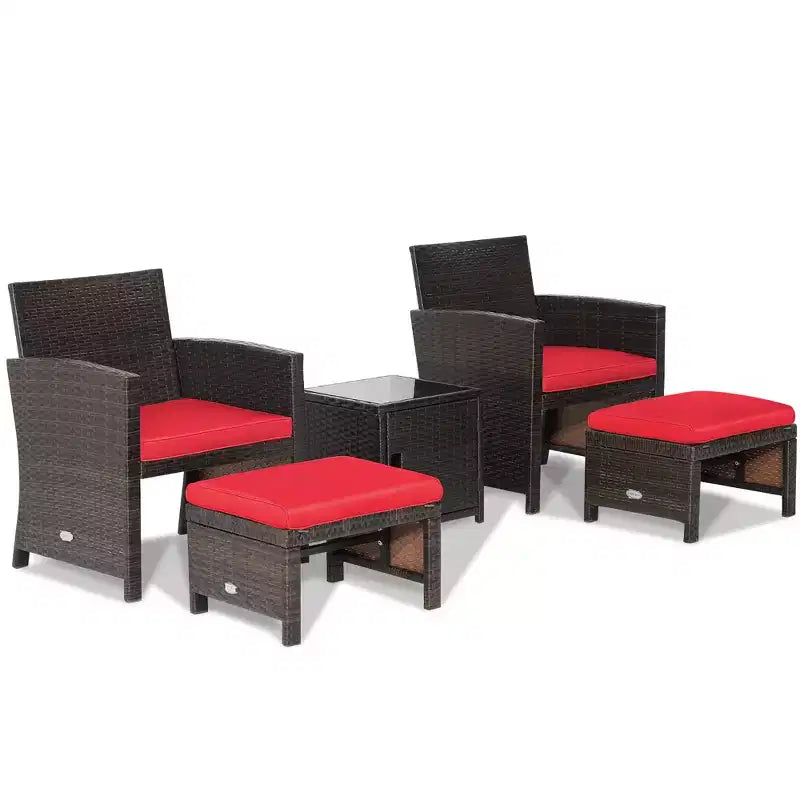 Costway Ensemble de Meubles de Patio 5 pièces en Rotin avec Ottomane Rembourrée Housse de Protection Gain de Place Blanc cassé/Gris/Rouge/Turquoise