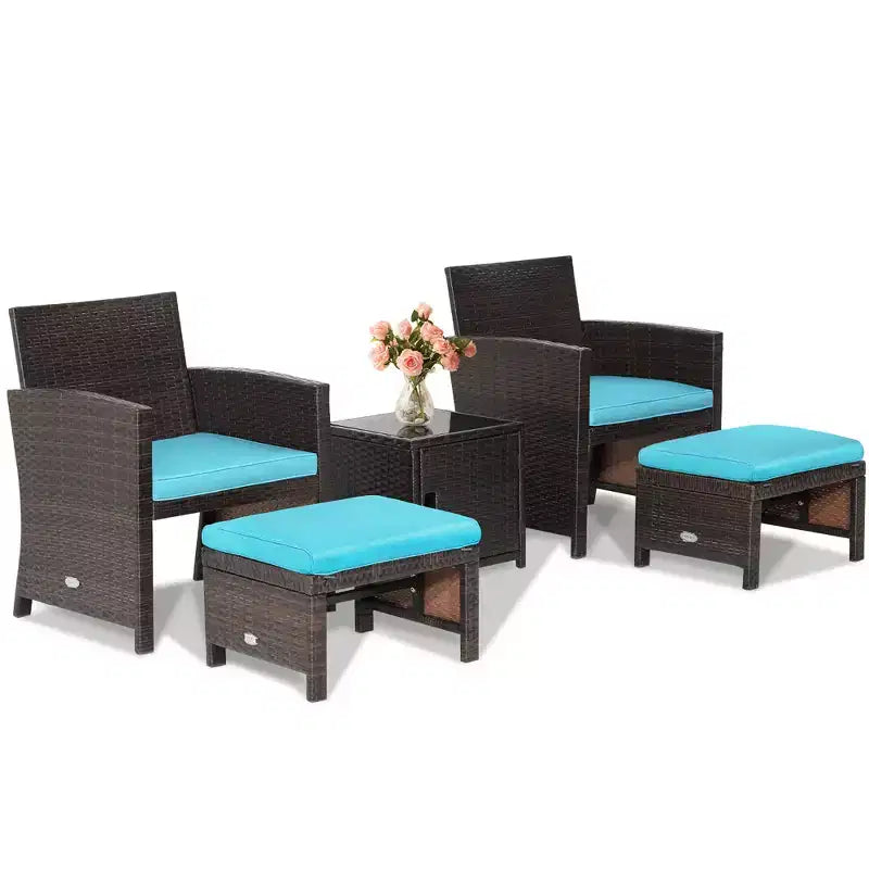 Costway Ensemble de Meubles de Patio 5 pièces en Rotin avec Ottomane Rembourrée Housse de Protection Gain de Place Blanc cassé/Gris/Rouge/Turquoise