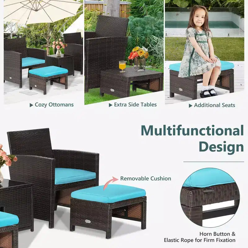 Costway Ensemble de Meubles de Patio 5 pièces en Rotin avec Ottomane Rembourrée Housse de Protection Gain de Place Blanc cassé/Gris/Rouge/Turquoise