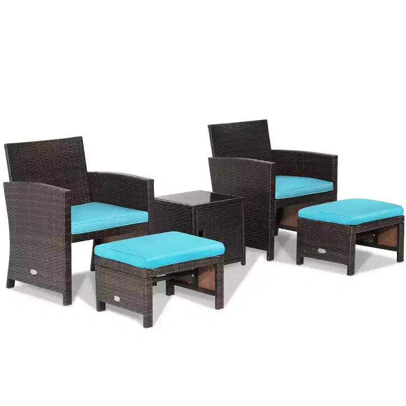 Costway Ensemble de Meubles de Patio 5 pièces en Rotin avec Ottomane Rembourrée Housse de Protection Gain de Place Blanc cassé/Gris/Rouge/Turquoise