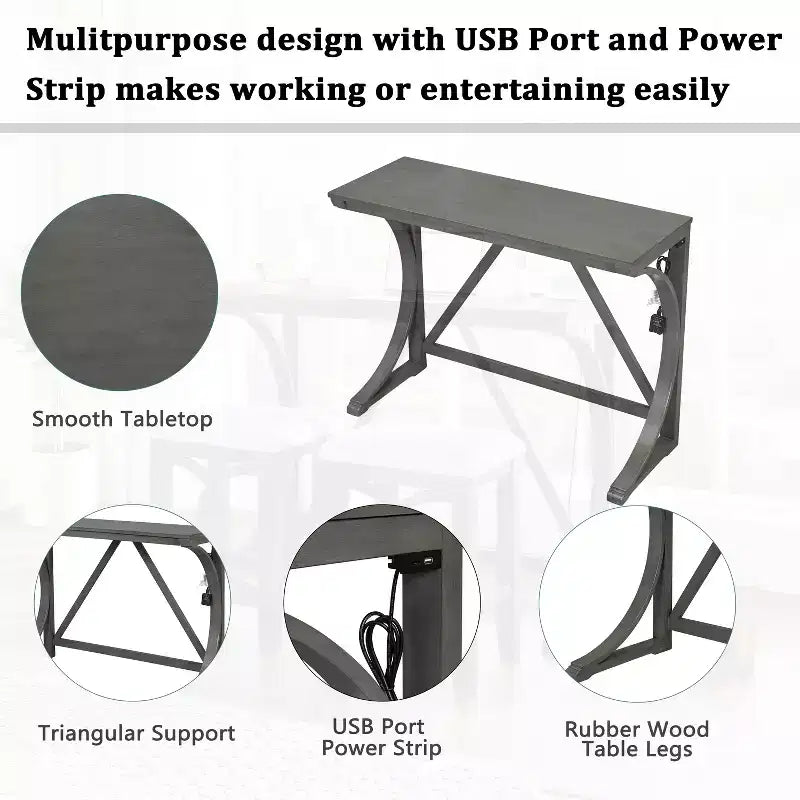 Ensemble de salle à manger 3 pièces à hauteur de comptoir de style ferme avec port USB et tabourets rembourrés - ModernLuxe
