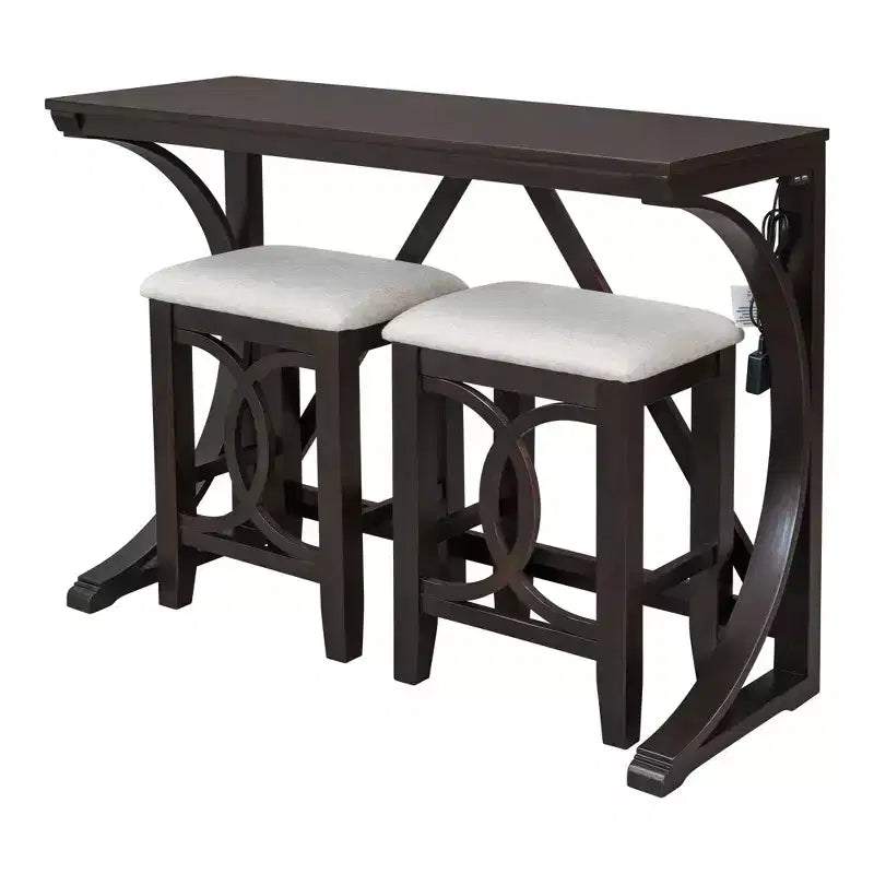 Ensemble de salle à manger 3 pièces à hauteur de comptoir de style ferme avec port USB et tabourets rembourrés - ModernLuxe