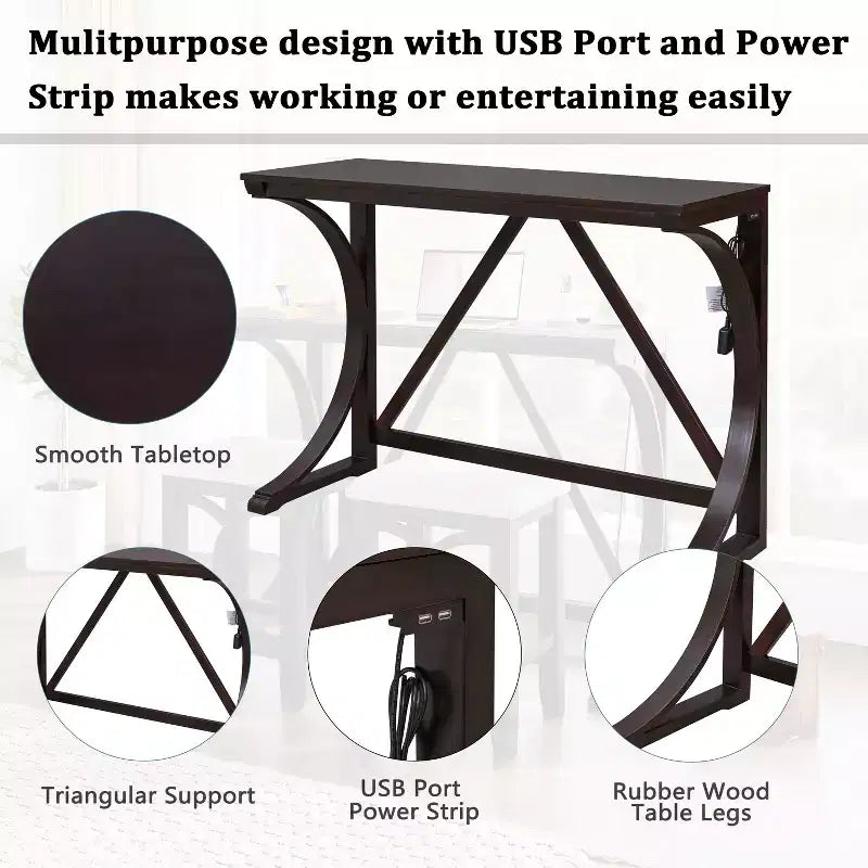 Ensemble de salle à manger 3 pièces à hauteur de comptoir de style ferme avec port USB et tabourets rembourrés - ModernLuxe