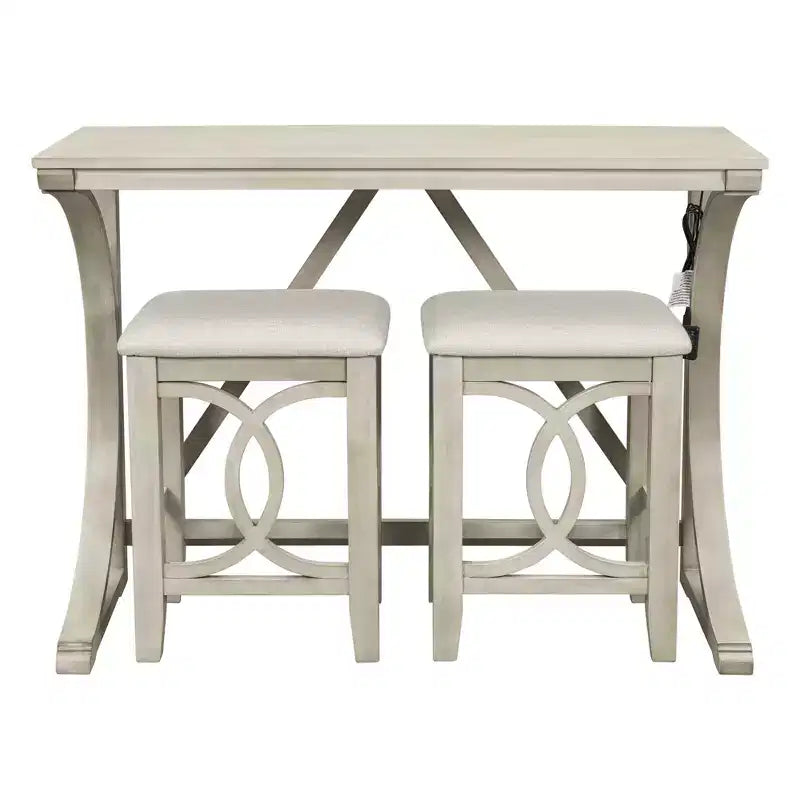 Ensemble de salle à manger 3 pièces à hauteur de comptoir de style ferme avec port USB et tabourets rembourrés - ModernLuxe