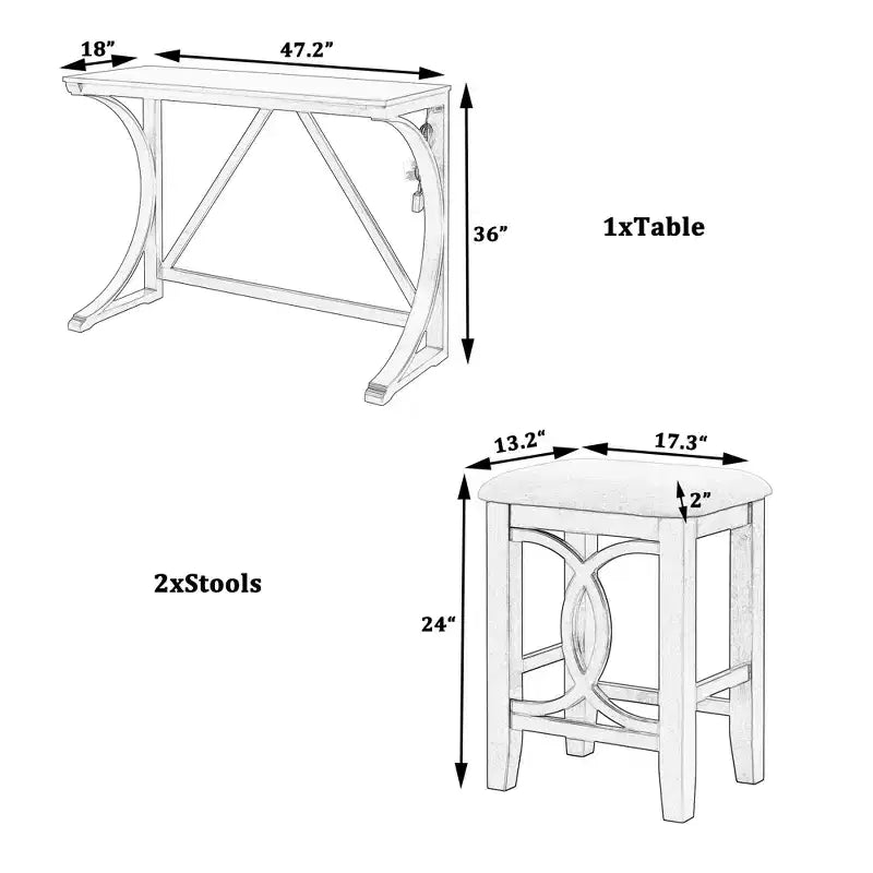 Ensemble de salle à manger 3 pièces à hauteur de comptoir de style ferme avec port USB et tabourets rembourrés - ModernLuxe