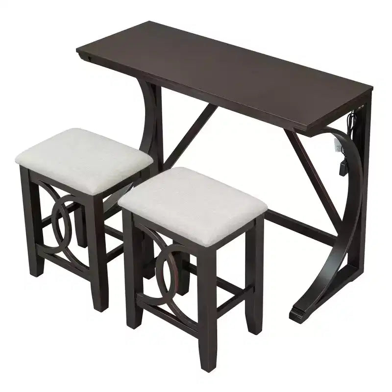 Ensemble de salle à manger 3 pièces à hauteur de comptoir de style ferme avec port USB et tabourets rembourrés - ModernLuxe