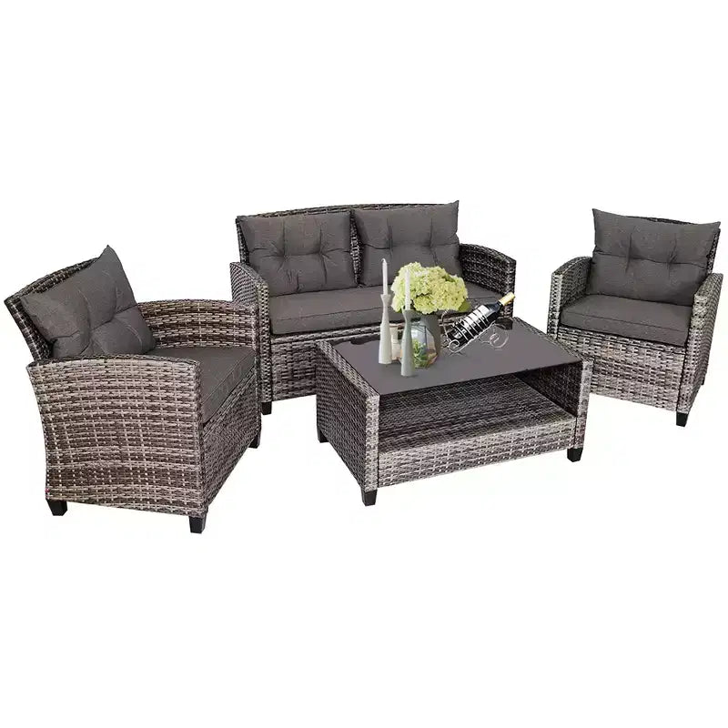 Costway Salon de Jardin en Résine Tressée 4 ou 8 Pièces avec Table Basse et Coussins pour Jardin, Pelouse, Gris