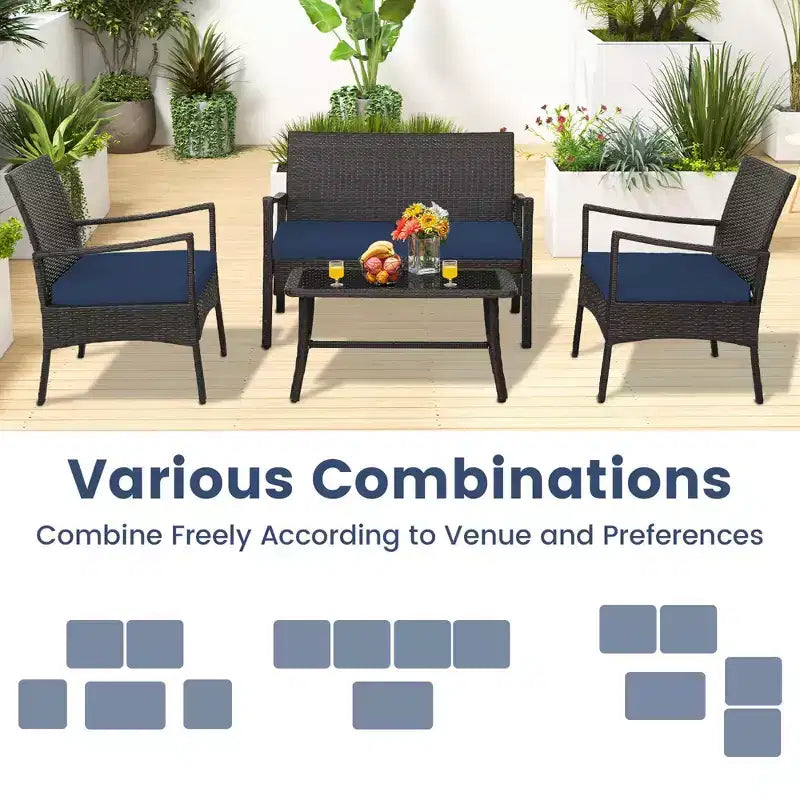 Costway Ensemble de Meubles de Patio en Rotin 4 Pièces avec Canapé Rembourré, Accoudoir, Table Basse, Bleu Marine