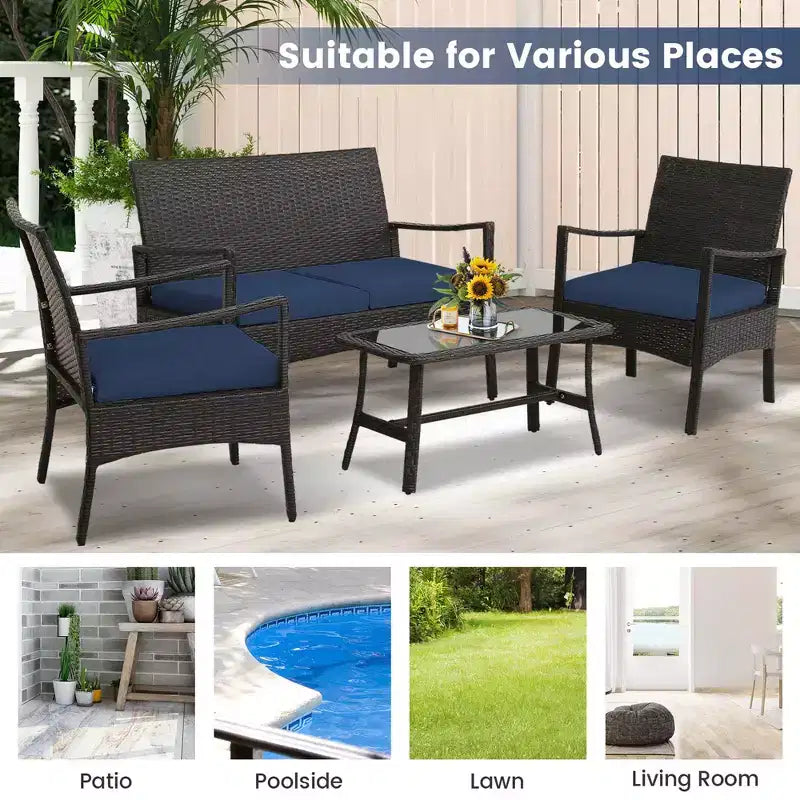 Costway Ensemble de Meubles de Patio en Rotin 4 Pièces avec Canapé Rembourré, Accoudoir, Table Basse, Bleu Marine