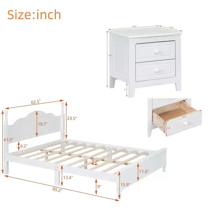 Ensembles de chambre à coucher 3 pièces, lit plateforme en bois taille Queen/Full avec deux tables de chevet-ModernLuxe