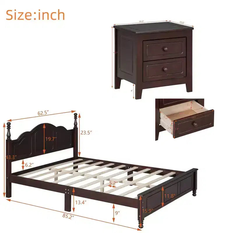 Ensembles de chambre à coucher 3 pièces, lit plateforme en bois taille Queen/Full avec deux tables de chevet-ModernLuxe