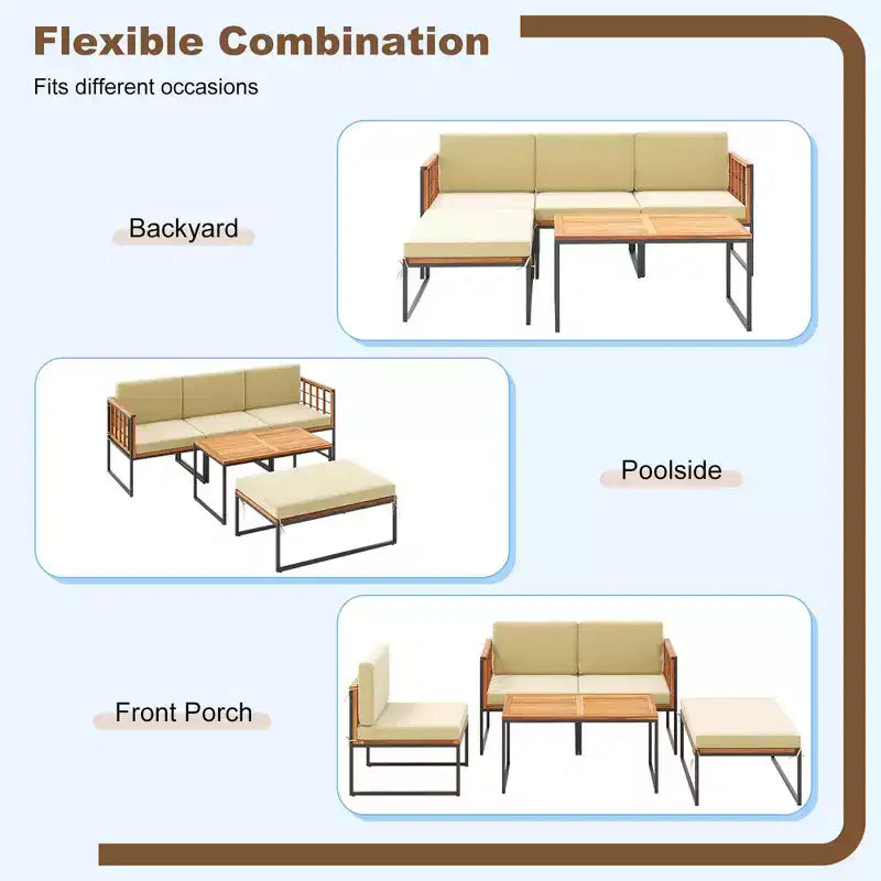 Ensemble de meubles de patio 5 pièces Costway en bois d'acacia avec coussins d'assise et de dossier