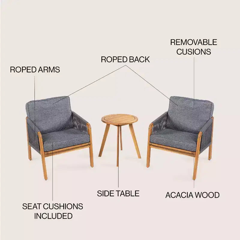 Ensemble de conversation d'extérieur Aveiro 3 pièces avec coussins en bois d'acacia tressé de style bohème moderne - JONATHAN Y