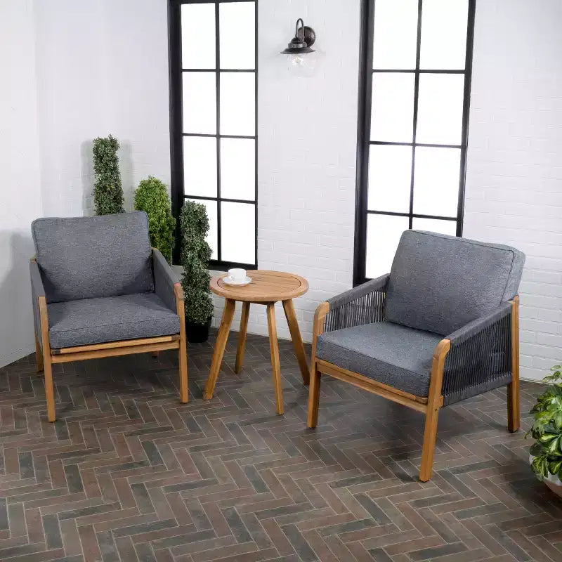 Ensemble de conversation d'extérieur Aveiro 3 pièces avec coussins en bois d'acacia tressé de style bohème moderne - JONATHAN Y