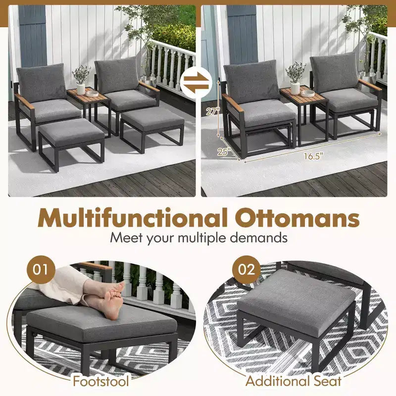 Costway Ensemble de Meubles de Jardin 5 Pièces avec Coussins Moelleux Design Compact Cadre en Aluminium