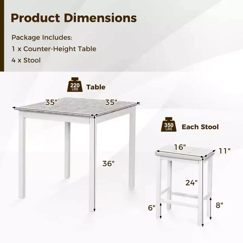 Costway Ensemble de Table de Bar 5 Pièces, Table à Manger Carrée et 4 Tabourets de Bar Rembourrés en Cuir PVC Marron/Blanc