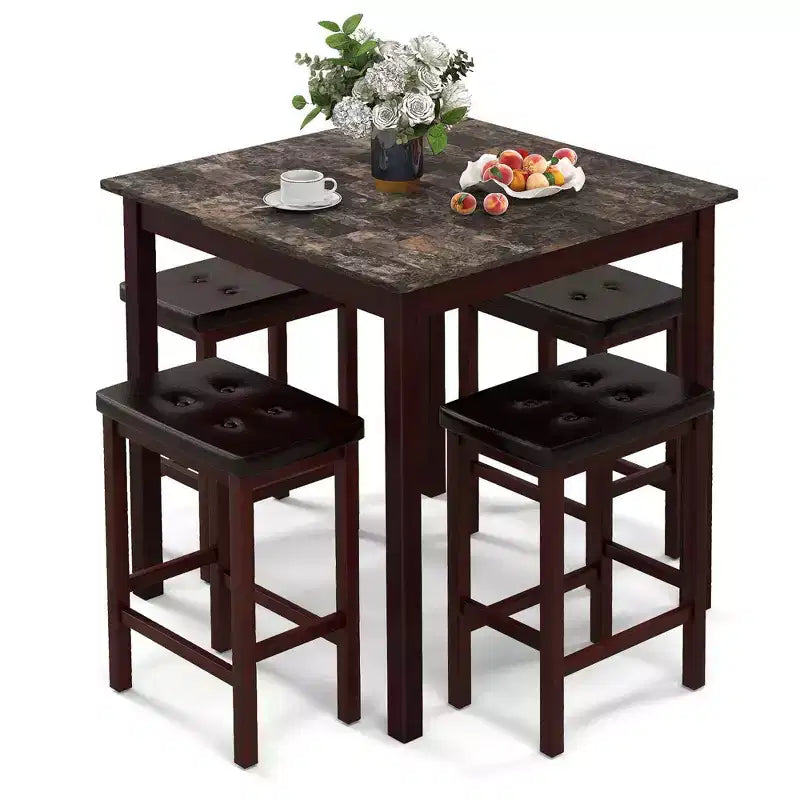 Costway Ensemble de Table de Bar 5 Pièces, Table à Manger Carrée et 4 Tabourets de Bar Rembourrés en Cuir PVC Marron/Blanc