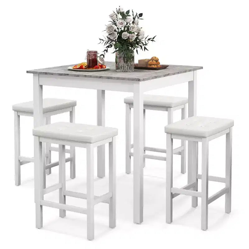 Costway Ensemble de Table de Bar 5 Pièces, Table à Manger Carrée et 4 Tabourets de Bar Rembourrés en Cuir PVC Marron/Blanc