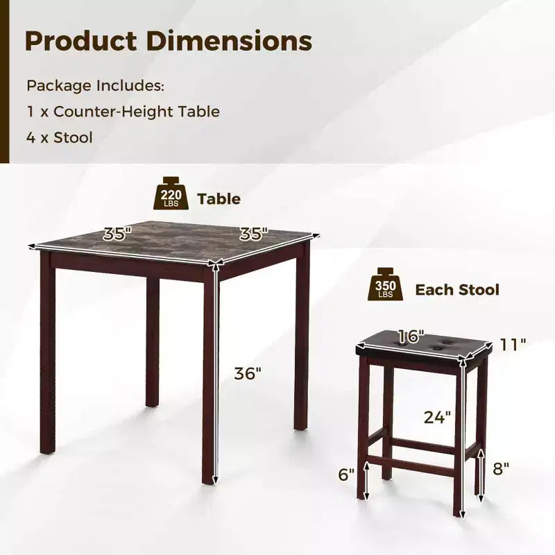 Costway Ensemble de Table de Bar 5 Pièces, Table à Manger Carrée et 4 Tabourets de Bar Rembourrés en Cuir PVC Marron/Blanc
