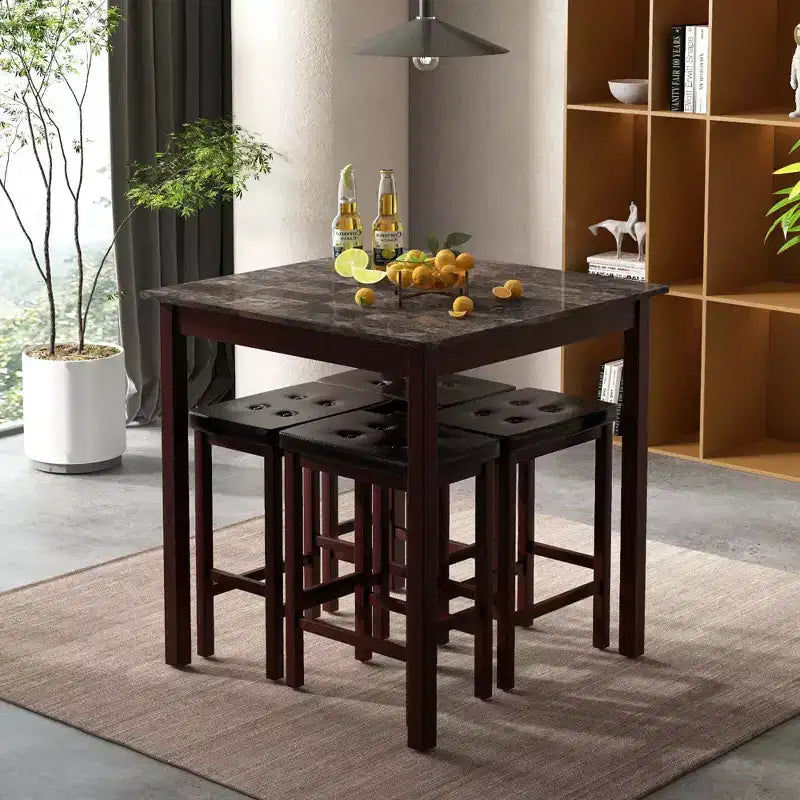 Costway Ensemble de Table de Bar 5 Pièces, Table à Manger Carrée et 4 Tabourets de Bar Rembourrés en Cuir PVC Marron/Blanc