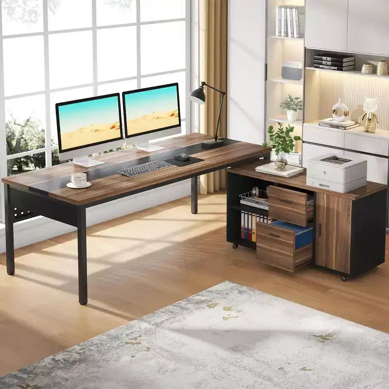 Bureau de direction en L Tribesigns 70.86 avec meuble de classement combiné