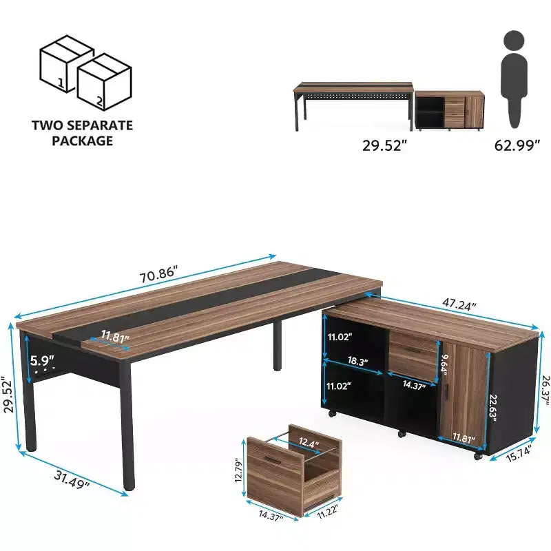 Bureau de direction en L Tribesigns 70.86 avec meuble de classement combiné