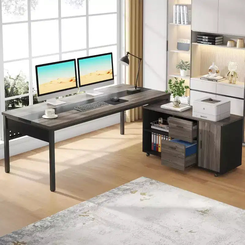 Bureau de direction en L Tribesigns 70.86 avec meuble de classement combiné
