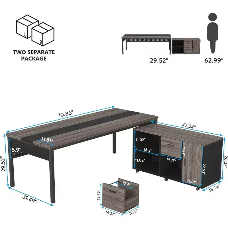 Bureau de direction en L Tribesigns 70.86 avec meuble de classement combiné