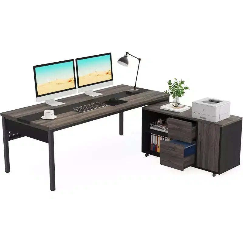 Bureau de direction en L Tribesigns 70.86 avec meuble de classement combiné