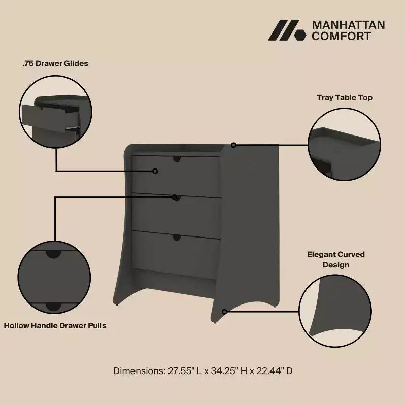 Ensemble de chambre à coucher Manhattan Comfort Coney avec commode et table de chevet 3 pièces