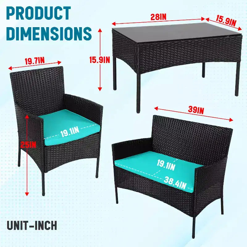 Ensemble de conversation 4 pièces FDW, résistant à l'eau, en osier pour patio, au bord de la piscine