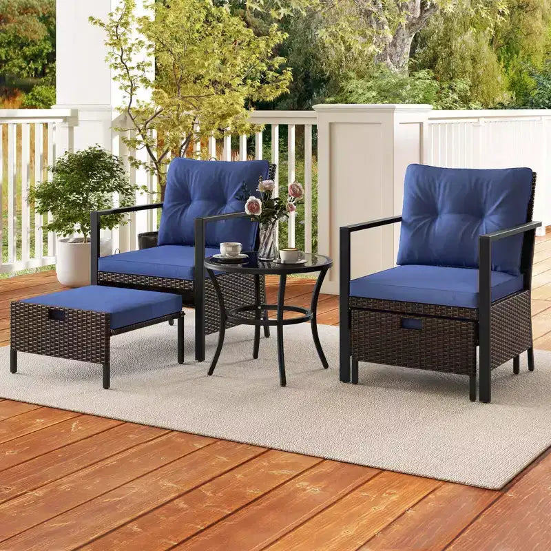 Ensemble de meubles d'extérieur Costway 5 pièces chaises et poufs en rotin avec table basse en verre blanc cassé/noir/bleu marine/gris