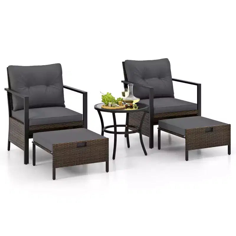 Ensemble de meubles d'extérieur Costway 5 pièces chaises et poufs en rotin avec table basse en verre blanc cassé/noir/bleu marine/gris