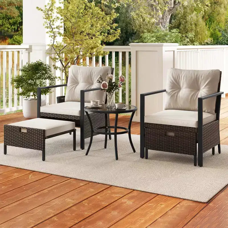 Ensemble de meubles d'extérieur Costway 5 pièces chaises et poufs en rotin avec table basse en verre blanc cassé/noir/bleu marine/gris