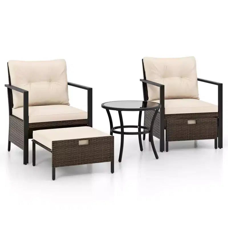 Ensemble de meubles d'extérieur Costway 5 pièces chaises et poufs en rotin avec table basse en verre blanc cassé/noir/bleu marine/gris