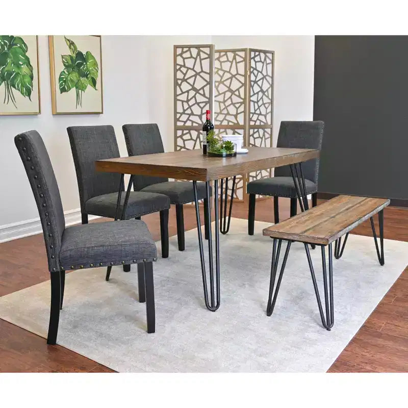 Ensemble de salle à manger 6 pièces Amisos, table à manger avec pieds épingles, 4 chaises et un banc en bois, 3 options de couleur