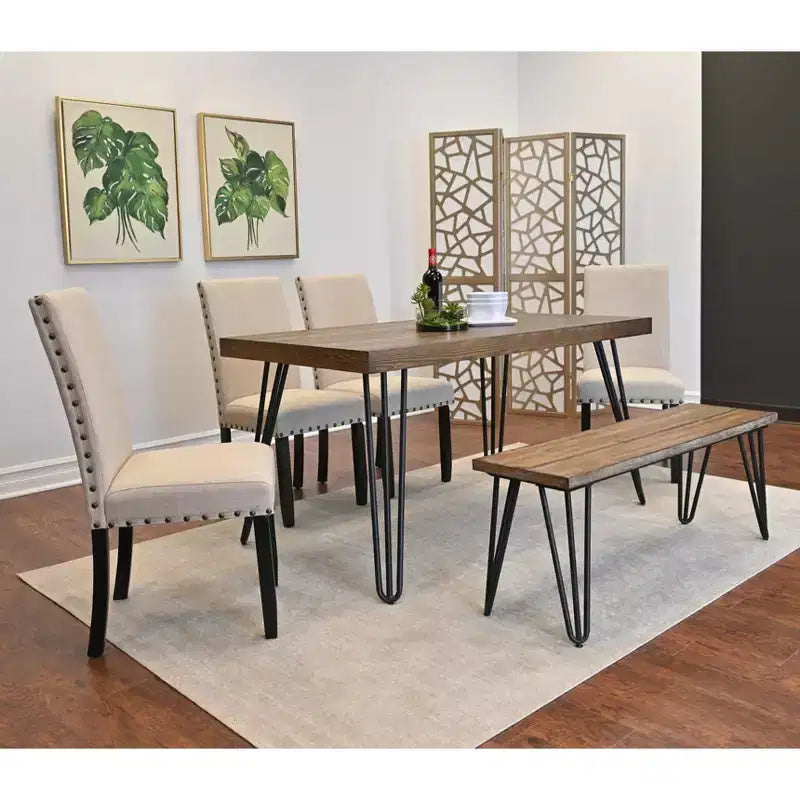 Ensemble de salle à manger 6 pièces Amisos, table à manger avec pieds épingles, 4 chaises et un banc en bois, 3 options de couleur