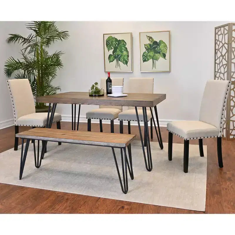Ensemble de salle à manger 6 pièces Amisos, table à manger avec pieds épingles, 4 chaises et un banc en bois, 3 options de couleur